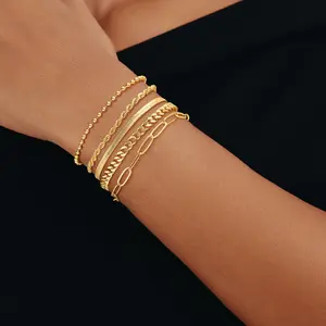 Kyerlyn 5Pcs 14K Gold Plated Stackable Bracelets Set for Women | Dainty Layered Chain Bracelets | Waterproof Hypoallergenic Gift Perfect Mother's Day Gift for Mom