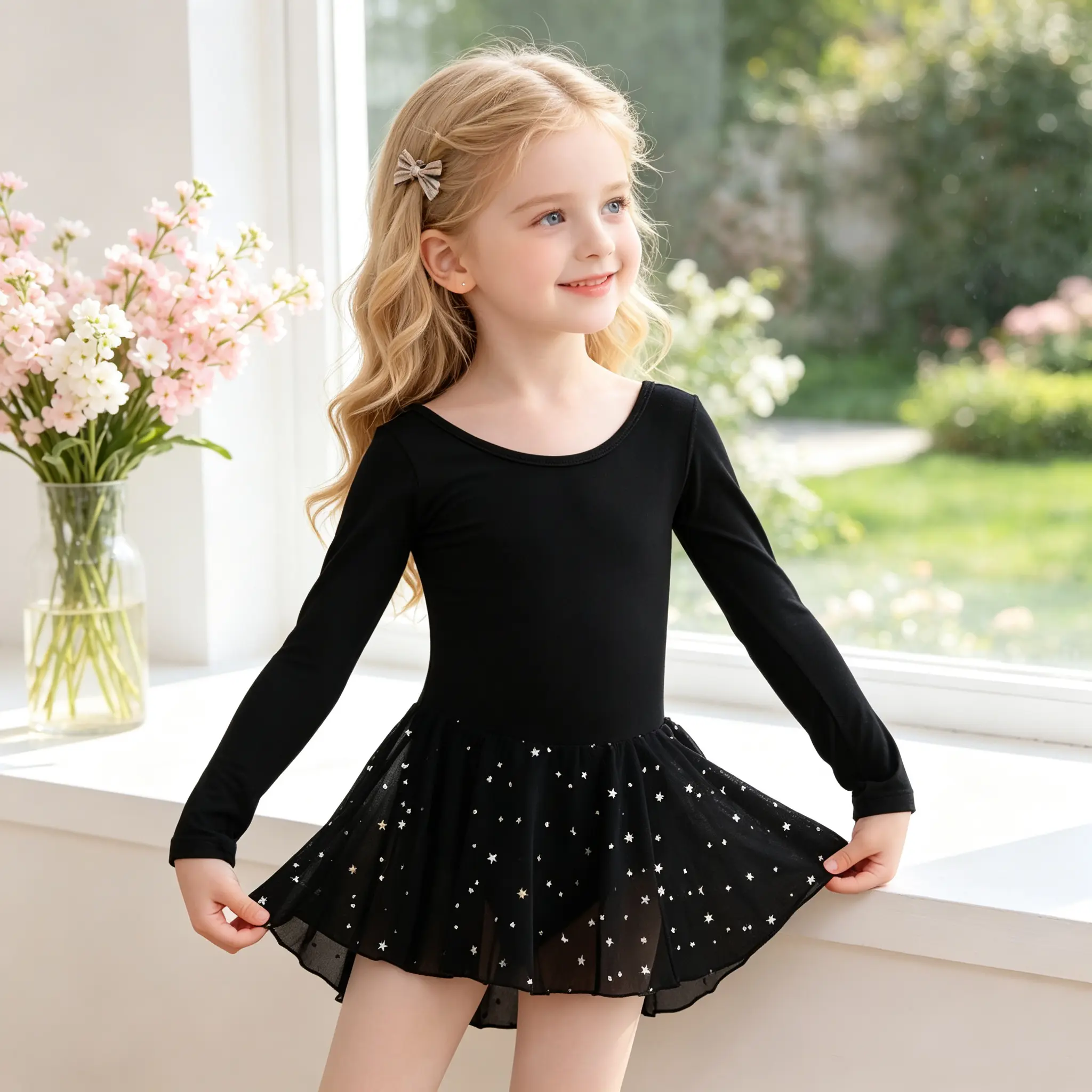 Toddler Girls Long Sleeve Ballet Tutu Dress, Criss Cross Back Star Print Skirt Kids Dance Leotard Outfit for Ballet Class Birthday Party Photoshoot