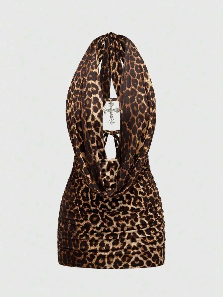 MURACHIC Grunge Punk Spring/Summer Carnival Party Leopard Sexy Leopard Print Cross Pendant Draped Neck Backless Mini Dress