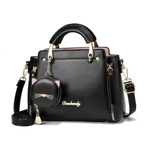 Women's Black Leather Square Handbag - Casual Trendy Handbag with Cute Cat Ear Charms, Bambamely Accent, Gold Hardware - Fashionable Versatile Leather Crossbody Purse, Leather Crossbody Purses