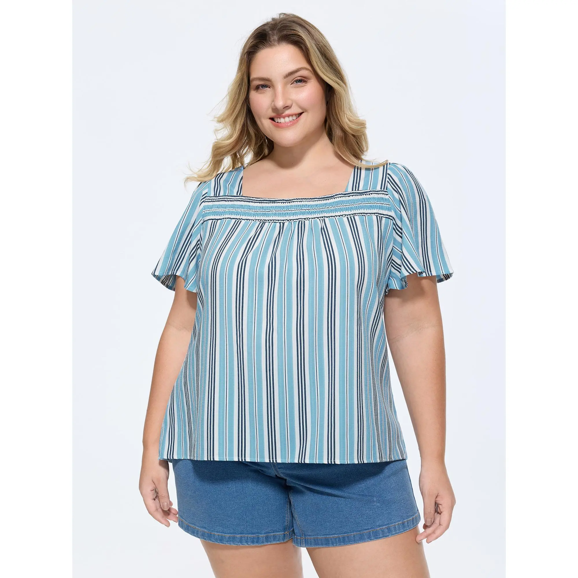 BloomChic Plus Size Blouse for Lady, Casual Striped Polyester Fabric Top with a Smocked Neck and Flattering Fit