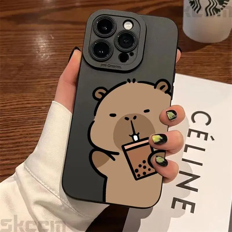Cute cartoon capybara frosted angel eye phone case, compatible with iPhone 17/16/15/14/13/12/11/X/XS/XSMAX/16E/12.13 Mini and Plus series, black design. Suitable as a birthday gift, for girlfriends, boyfriends, friends, or for personal use., Accessories,,