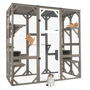 Petscosset 71" Catio Outdoor Cat Enclosure, Large Wooden Outdoor Cat House Kitty Catio Enclosure for Indoor Cat, Outdoor Catios Weatherproof Attached to Window Catio for Cats, 7 Platforms, GreyWhite