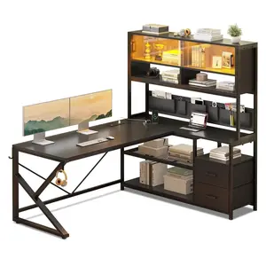 LED L Shaped Gaming Desk with 2 Drawer and Bookshelf Black