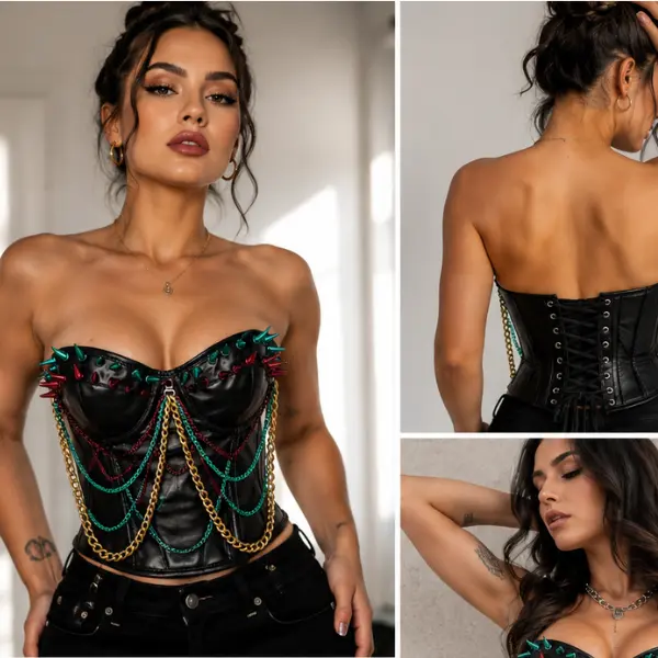 Steampunk Steel Boned Faux Leather Corset Bustier for Women | Waist Trainer Overbust Corset with Cotton Lining, Bullet Spikes & Side Zipper