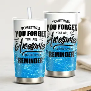 1pc Water Bottle Mug Motivational Text Reminder Stainless Steel Straw Cup You Awesome Glitter Gradient Background Drinking Mug Portable Coffee Mug with Cup Lid and Straw Car Mug