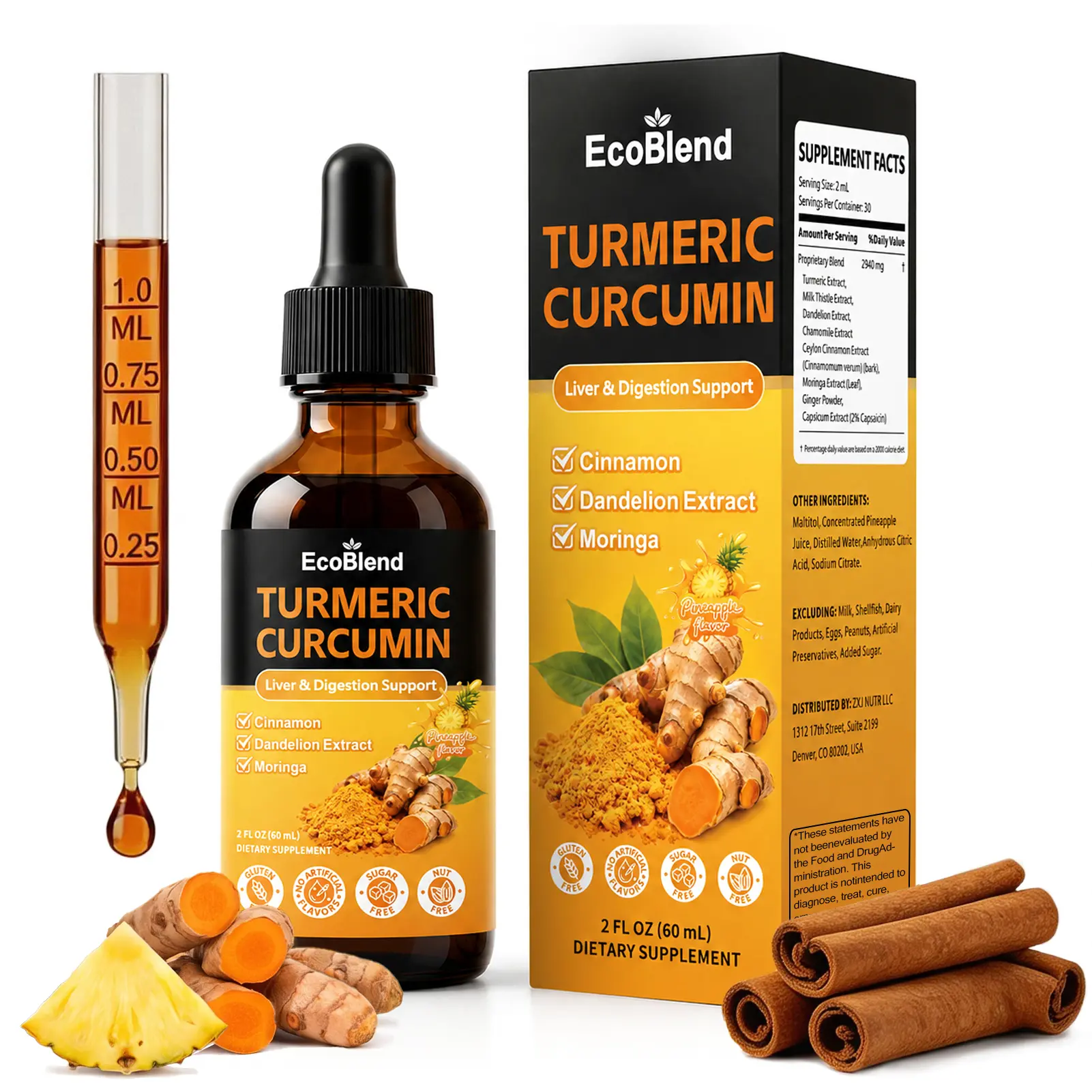 Ecoblend Turmeric Curcumin Complex Liquid Drops with Cinnamon, Dandelion & Chamomile | High-Absorption Herbal Blend with Moringa & Ginger | Pineapple&Orange Flavor | 2 fl oz (Orange)