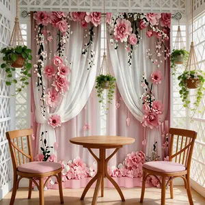 Floral Curtains Set of 2, Boho Style Window Drapes, Polyester, Rod Pocket Design, Bedroom Living Room Decor, Home Textile