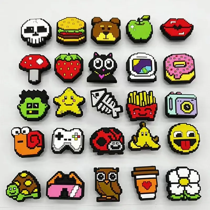 25-30 Piece Random Pixel Art Shoe Charms Pack - Cute Food & Animal Themes, Footwear & Bracelet Accessories for Kids