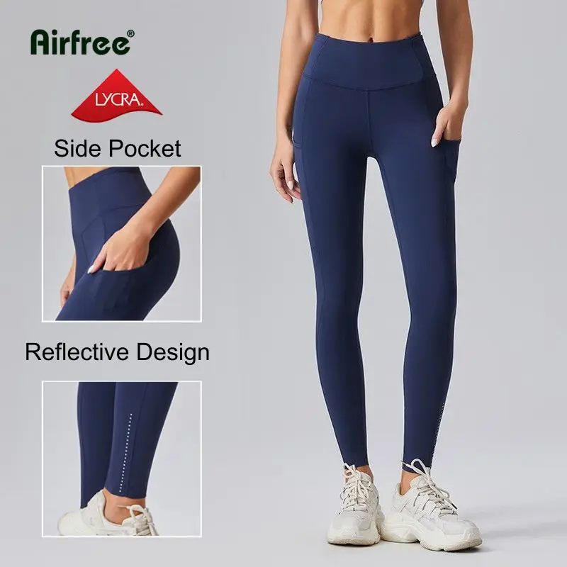 Women's High Waisted Tummy Control Side Pocket Leggings - Fitness Pants, Activewear for Fitness, Breathable Athletic Bottoms, Female Gym Clothes, Yoga Wear with Moisture-Wicking Fabric, Reflective Details for Night Runs & Drawstring