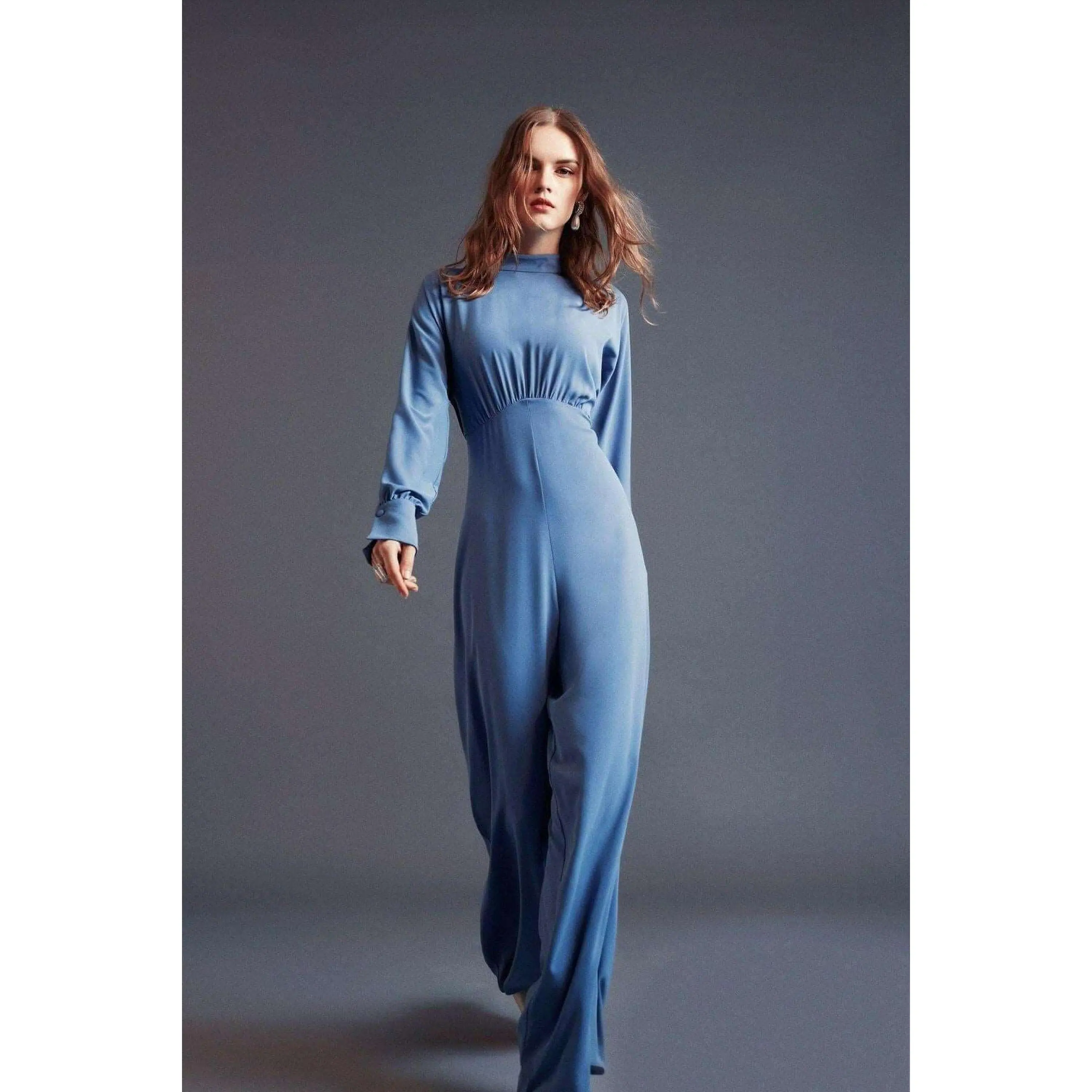 Draped Lisa Gathered High Waist Jumpsuit Blue -Modest Rompers