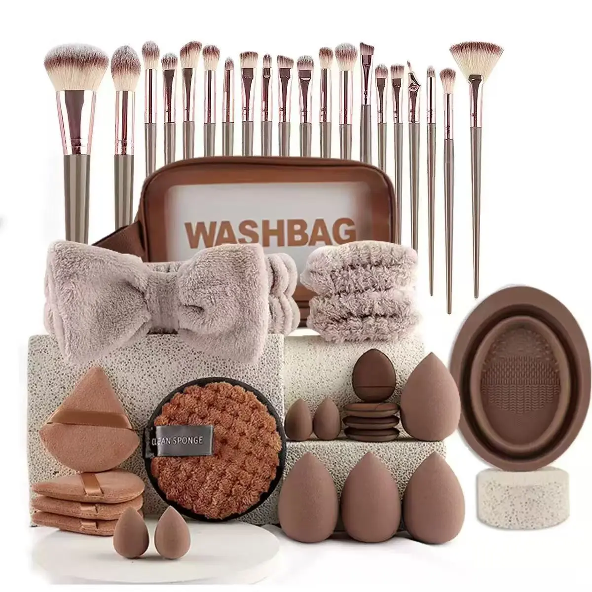 42-Piece Cosmetic Makeup Kit - Compact Beauty Tool Set with Wet-Expanding Teardrop Powder Puff, Complete Brushes & Sponges, and Coffee Headband