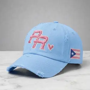 Puerto Rican Pride Distressed Dad Hat Baseball Cap with PR Heart & Embroidered Flag Adjustable Fit Design Women’s Headwear Unisex Style Leatherette Patch Hat Classic Black Hat