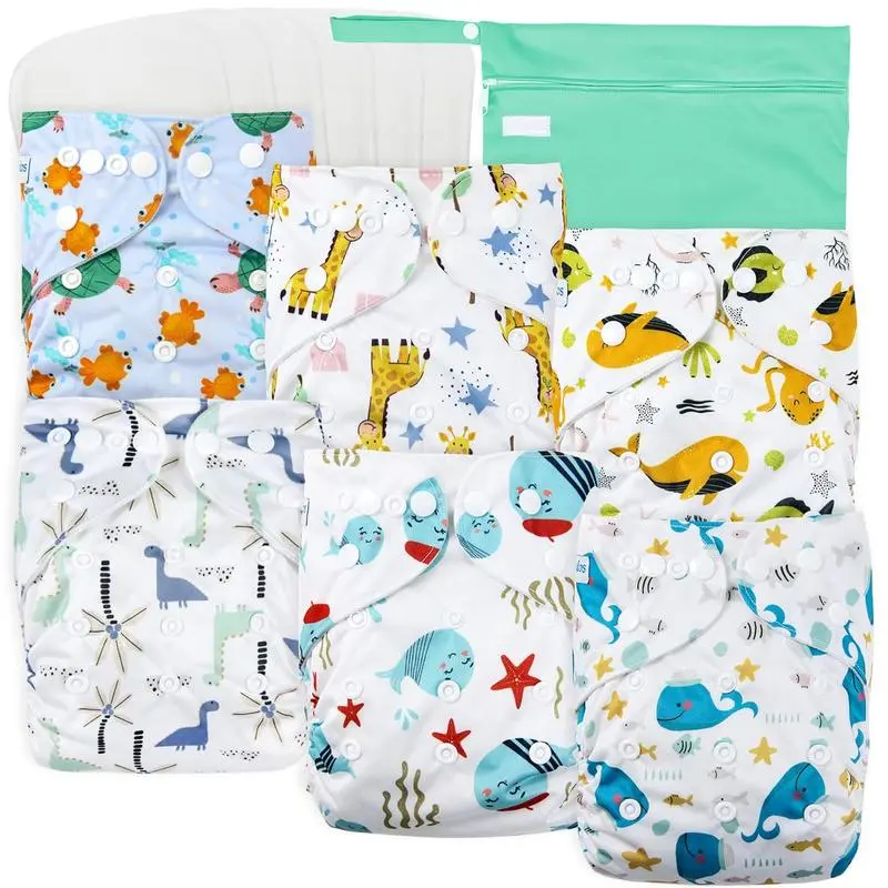 Reusable One-Size TPU Cloth Diapers for Boys & Girls (Undersea), Elastic Band, 3-Layers Design, Durable Snap Adjustment, Machine Washable, Inserts & Wet Bag Included