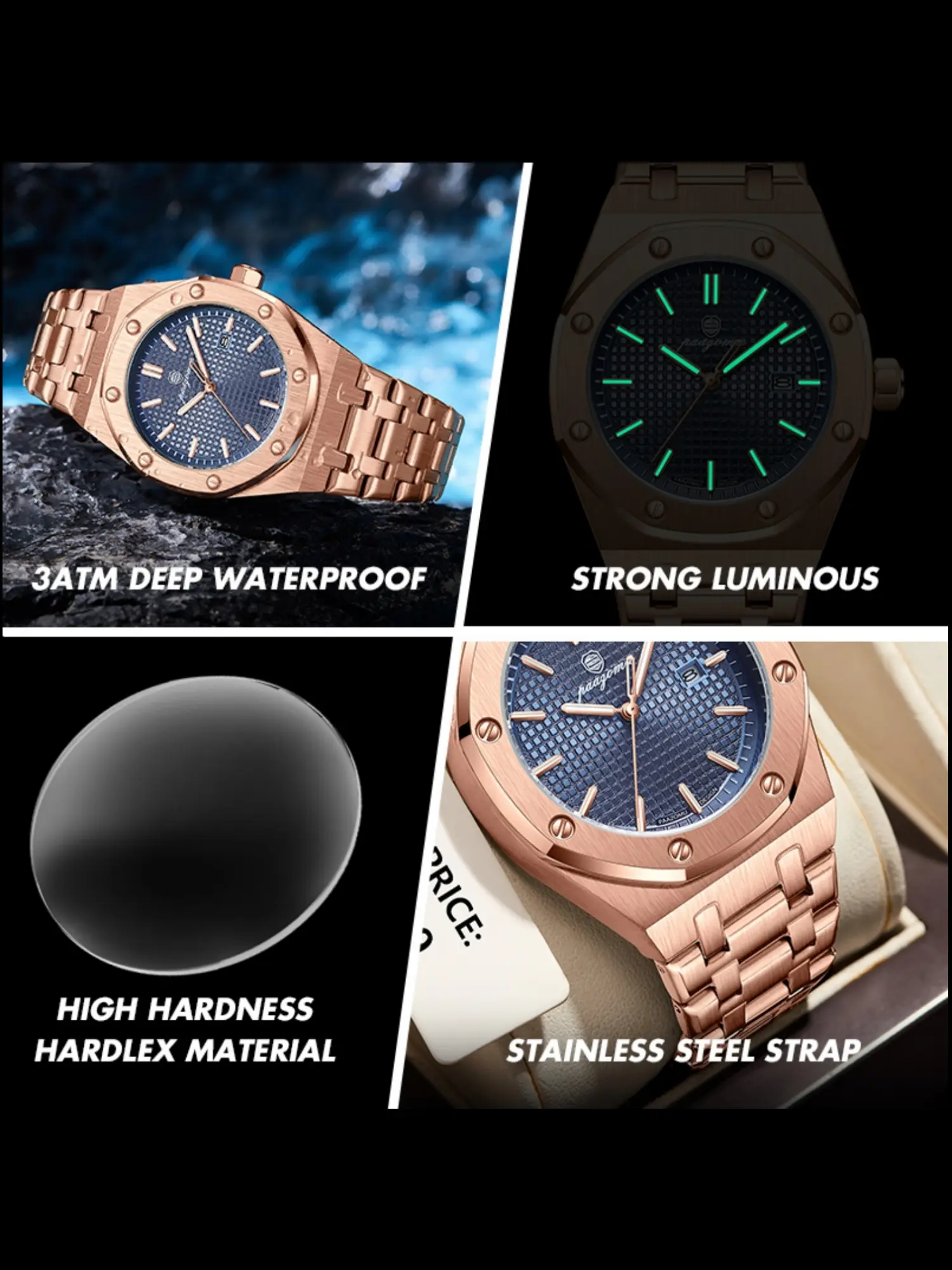 Stainless Steel Wrist Watch with Date Display and Luminous Hands Stainless Steel Luminous Wrist Watches Poedagar Square Men  main image 4