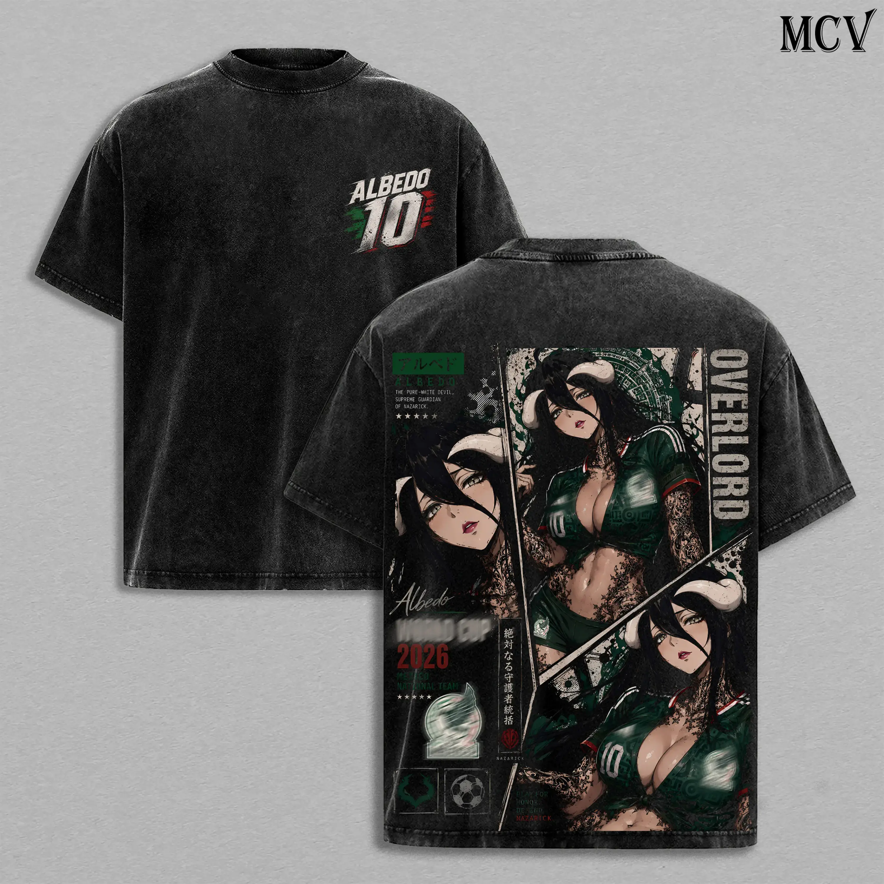 Albedo Overlord Anime Double Printed Vintage Washed Tee, Albedo Overlord T-Shirt, Mexico's World Football Tour 2026, Japanese Irezumi Gothic Blackwork Tattoo Art, Heavyweight Cotton Unisex Oversized Anime Manga Streetwear Graphic Top