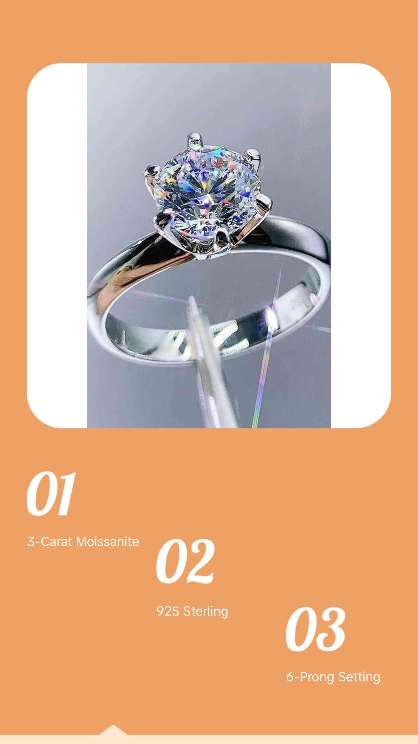 Adored 925 Sterling Silver 3 Carat Moissanite 6-Prong Ring