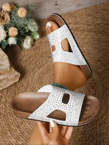 Women's Flat Sandals with Rhinestone Decoration, Stylish and Comfortable Summer Footwear for Any, Perfect All-Season Shoes, White