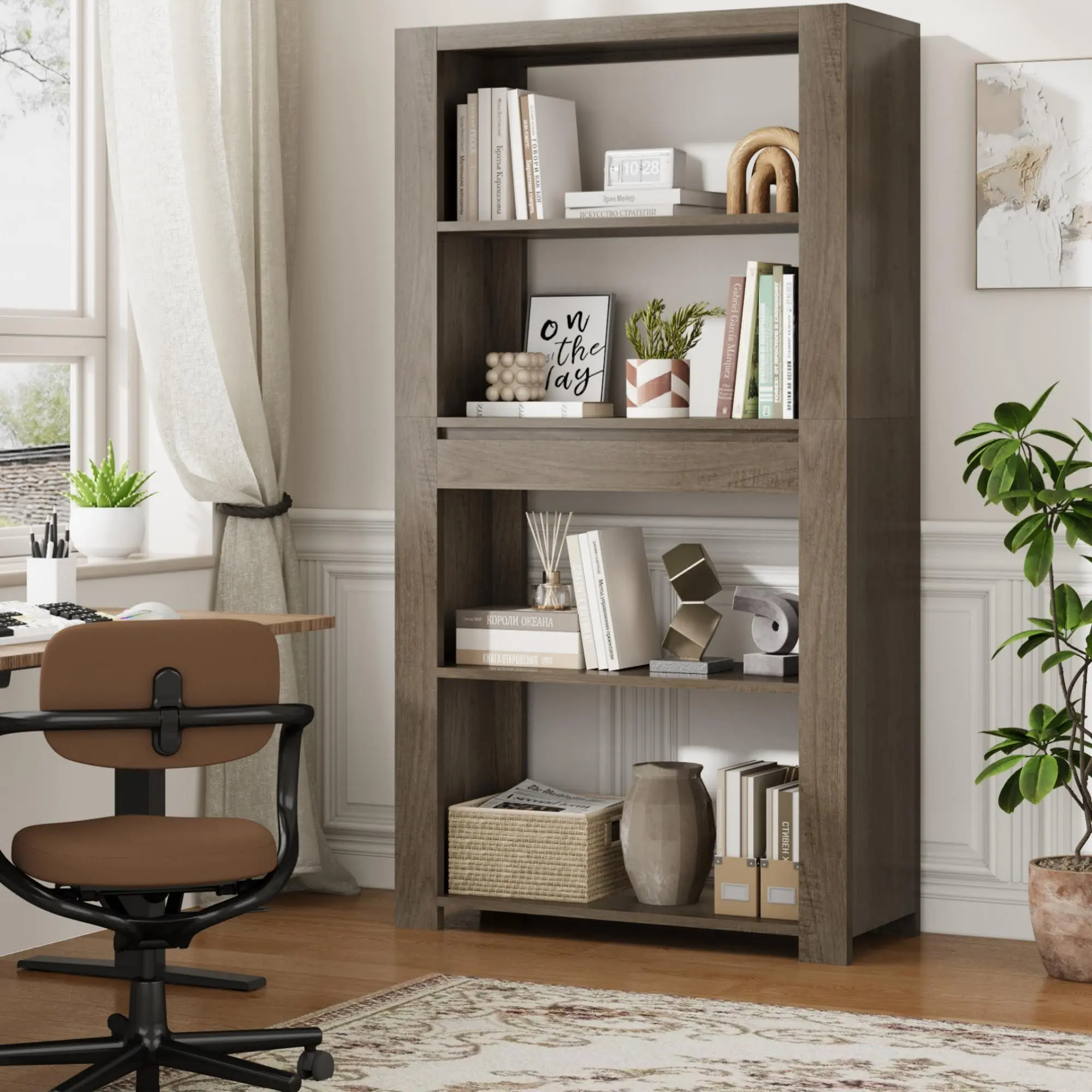 Garvee 72" Tall Vintage Heavy-Duty Bookcase with Sturdy Base, 4-Tier Open Storage Shelf, Drawer, Anti-Tip, Waterproof & Scratch-Resistant Design for Living Room, Office