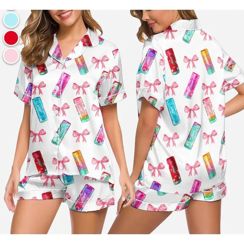 Women's 2-Piece Graphic Print Pajama Set - Stitch-Detailed Spandex-Polyester Short-Sleeve Button-Front Lightweight Fitted Elegant Sleepwear Loungewear Gift for Her, Elegance, Style, Fabric, Soft, Female, Adult Sizes, Button-Down