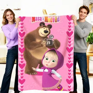3D Martha and Bear Blanket Cartoon Print Soft Flannel Fleece Bedding Bedroom Decor Gift Single-Sided Print for Cozy Bedroom