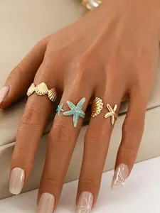 Elegant Blue Starfish & Shell Ring Set for Women, Ocean-Inspired Stackable Finger Rings, Perfect Gift for Friends & Girlfriend, Daily Wear Jewelry
