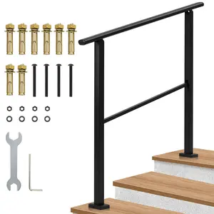 🖤 Secure your steps in minutes! Matte black stair railing fits 1-2 concrete or wooden steps — all hardware included.