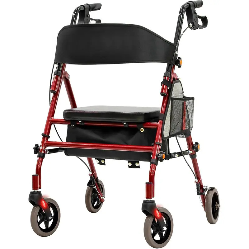 Healthcare Lightweight Foldable Rollator Walker for Seniors, 350 lb Capacity, 5-Position Adjustable Handle, Premium Hybrid Aluminum-Carbon Steel Frame, Flip-Up Seat, Dual Storage Pouches