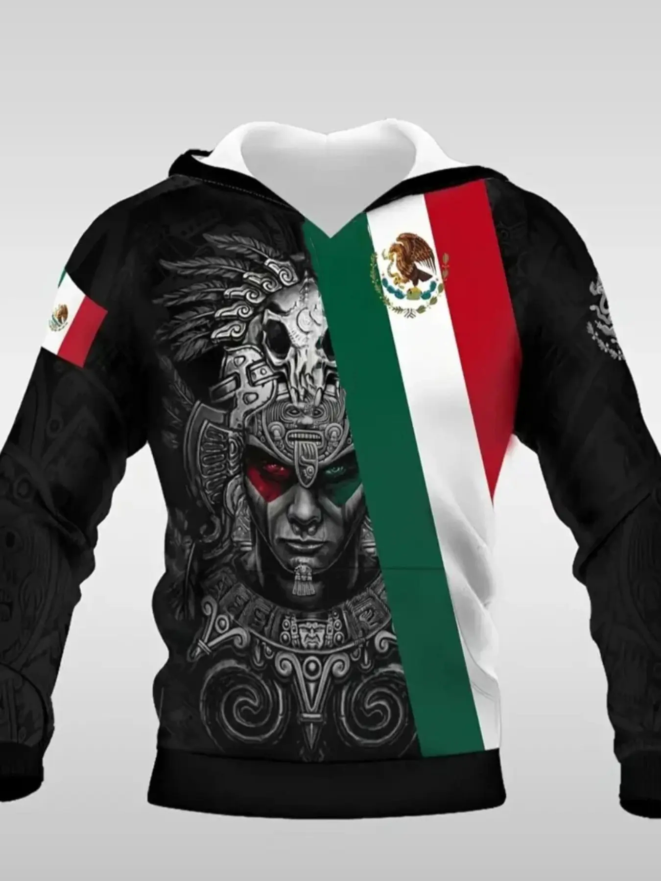 Men's 3D Casual Hoodie - Retro Mexican Eagle 3D Graphic Print Street Style Long Sleeve Pullover, Geometric Pattern Sweatshirt with Mexican Flag Colors, Unisex Regular Fit, Machine Washable, Fashion Streetwear Apparel