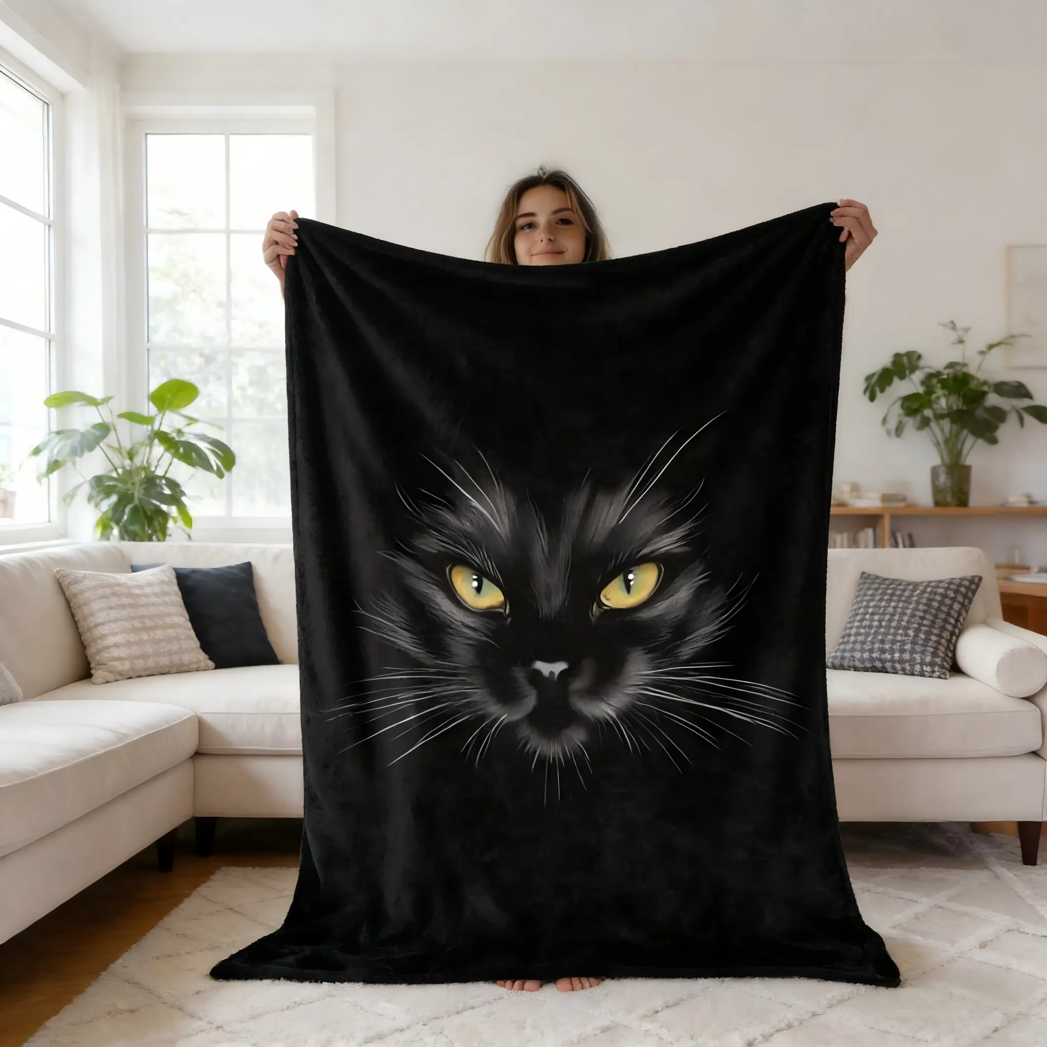 Mystical Black Cat Flannel Blanket - Soft Fluffy, Glowing Eyes Feline Theme, Gothic Style, Cozy Plush Throw, Blanket Gifts for Cat Lovers, Warm for Bedroom & Couch, Soft Fluffy Blanket