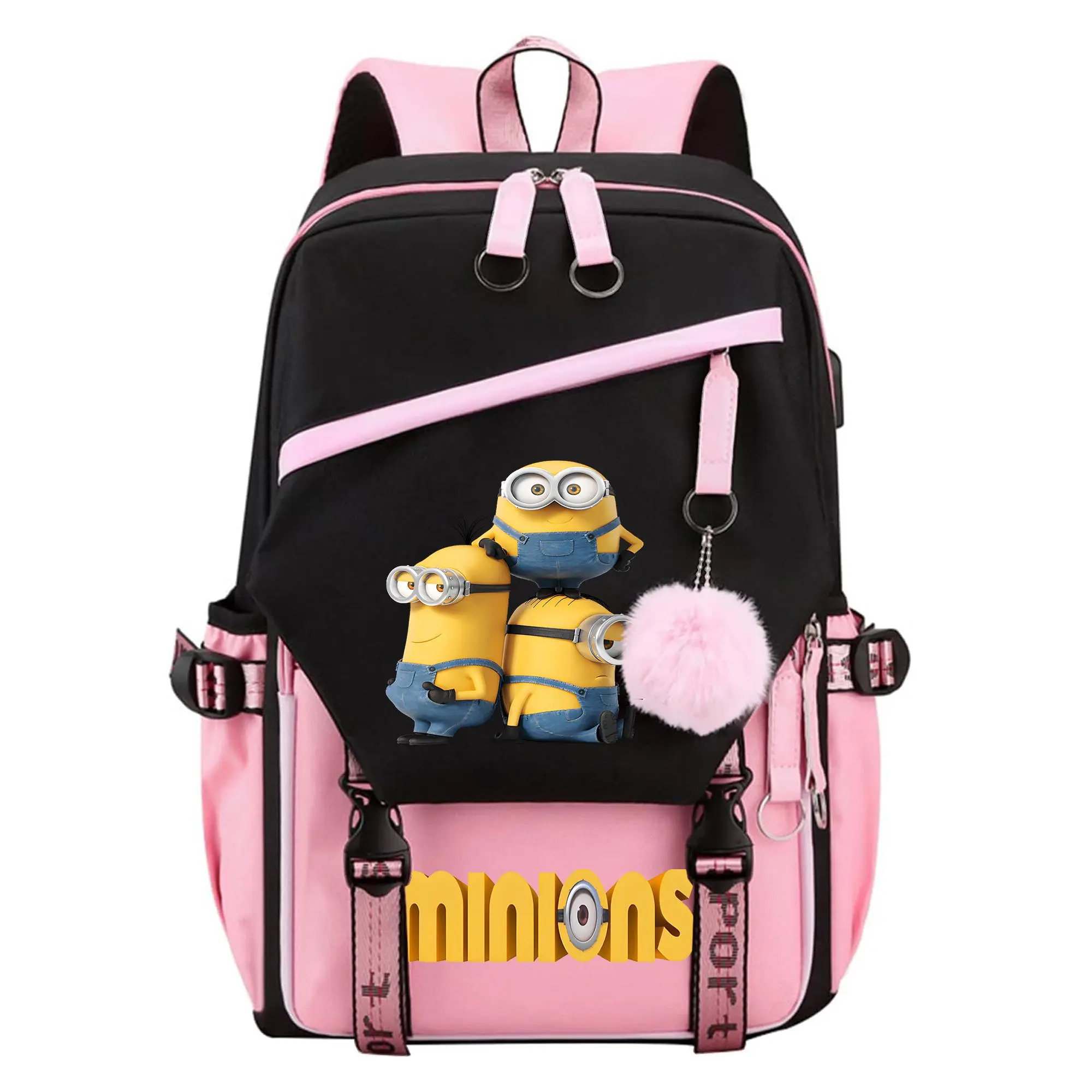 Minions Graphic Backpack for Girls, Y2K Pink and Black School Bookbag with Keychain, Waterproof Travel Laptop Bag for Teens College d-45