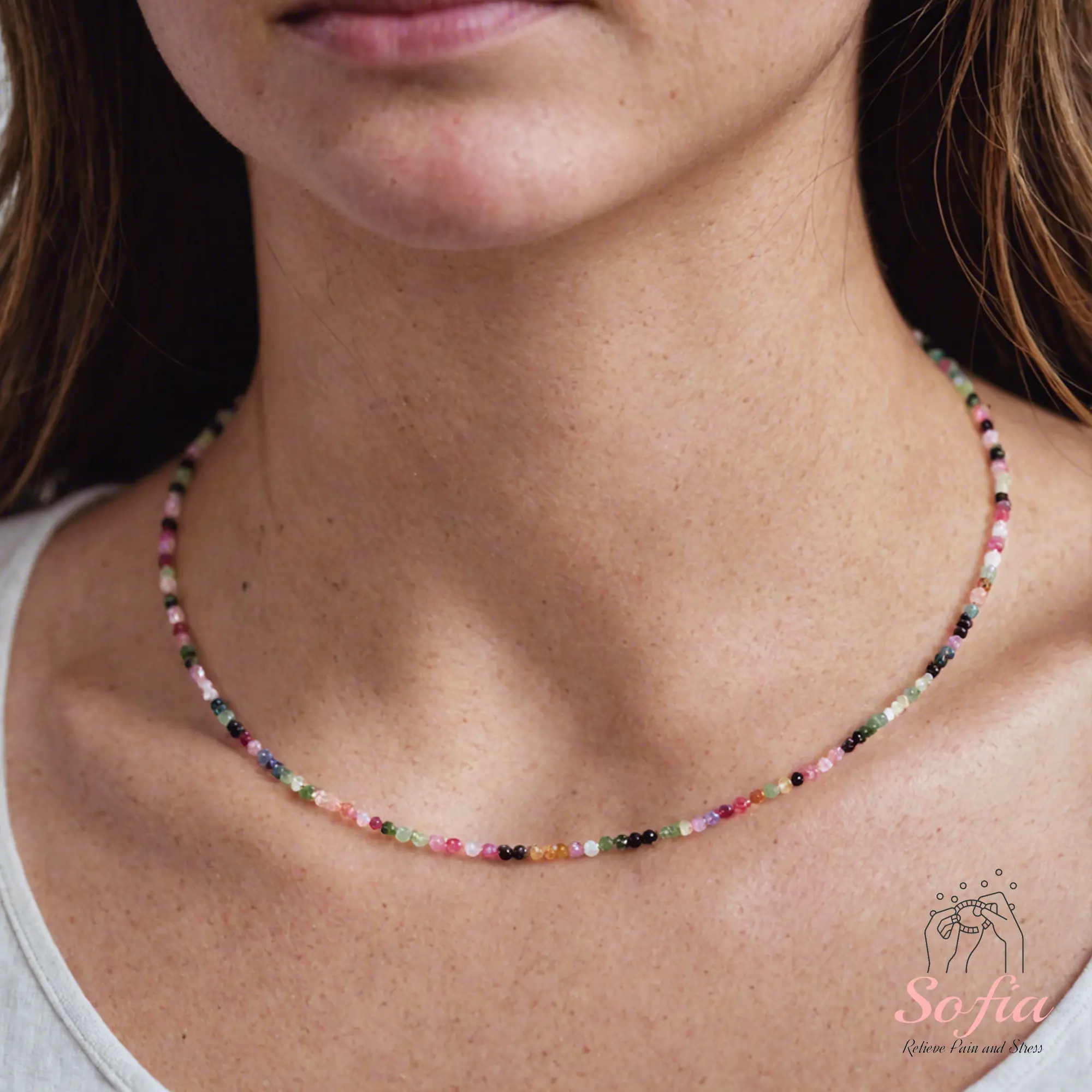 Women's Natural Rainbow Tourmaline Beads Choker Necklace - Tiny Faceted Multicolor Gemstone Decorated, Waterproof Crystal, 15" Length, Handmade Adjustable Minimalist Daily Wear Necklace, Gift for Her