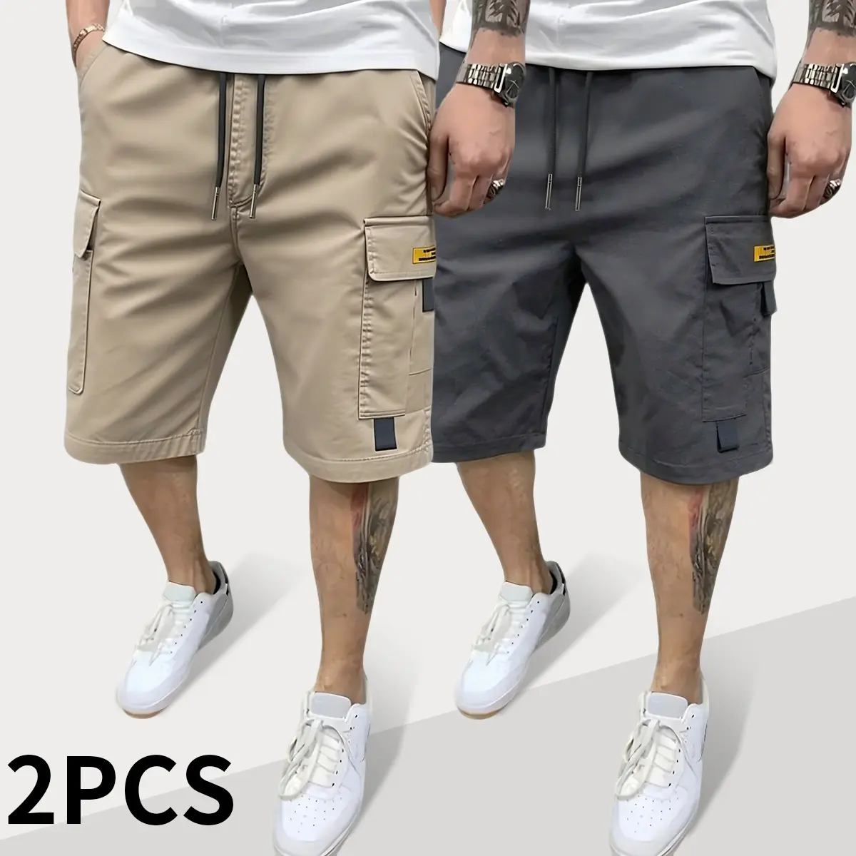 2-pack men’s cargo shorts with multiple pockets and slight stretch; loose, casual, practical bottoms; breathable, lightweight work pants suitable for hiking trips and comfortable everyday wear.
