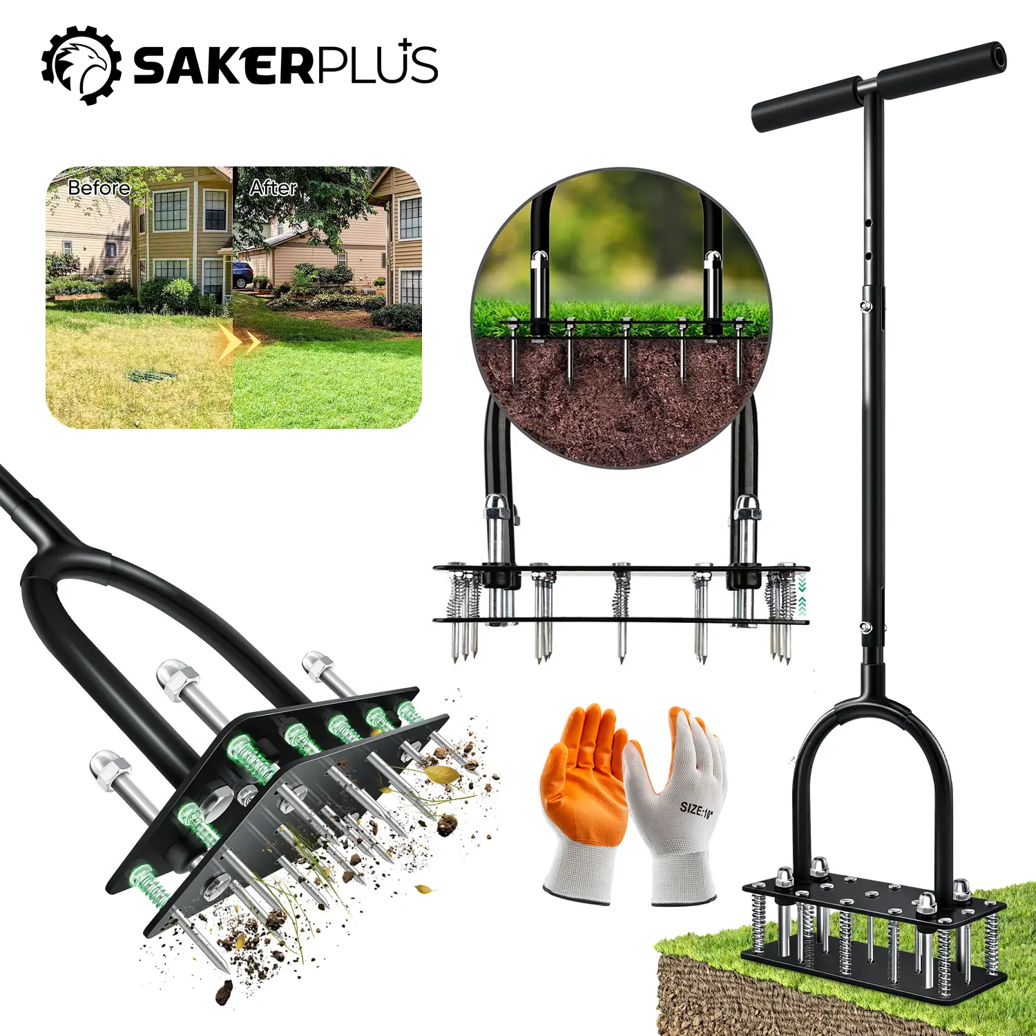 Sakerplus Manual Lawn Aerator, Garden Tool with Patented Step-to-Eject System, Upgraded Self-Cleaning No-Clog Design, 15 Spike Coverage, Deep Root Relief, Ejects Debris Fast, Durable Gardening Tool for Professional Lawn Care