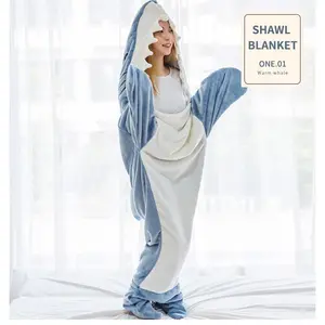 Super Soft Shark Onesie Blanket Hooded Oversized Wearable Blanket Cozy Shark Sleep Pajamas for Kids Adults Womenswear Loungewear Nightwear Basic Flannel Costume Home Sleeping Bag Everyday Homewear Pyjamas Maxi Minimalist