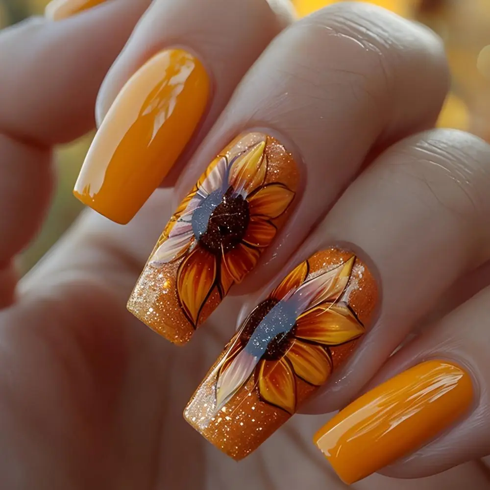 Press-On Flower Nails, 24 Pcs Coffin Decorated Nails with 3D Gel Art Sunflower Design, Reusable Shimmery False Tips for Women, Shiny Finish, Sunflower Print, 3D Gel Art Press On False Nails