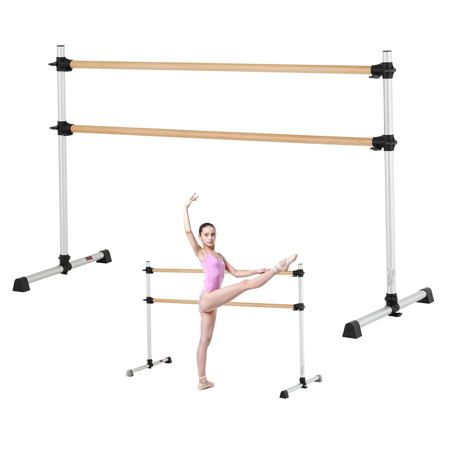 Freestanding Double Ballet Barre - 6 ft Beechwood & Aluminum Portable Height-Adjustable Dance Bar for Home Workouts, Modern Dance, Smooth Finish, Casual Ballet Equipment for All Fitness Enthusiasts#BacktoSchool