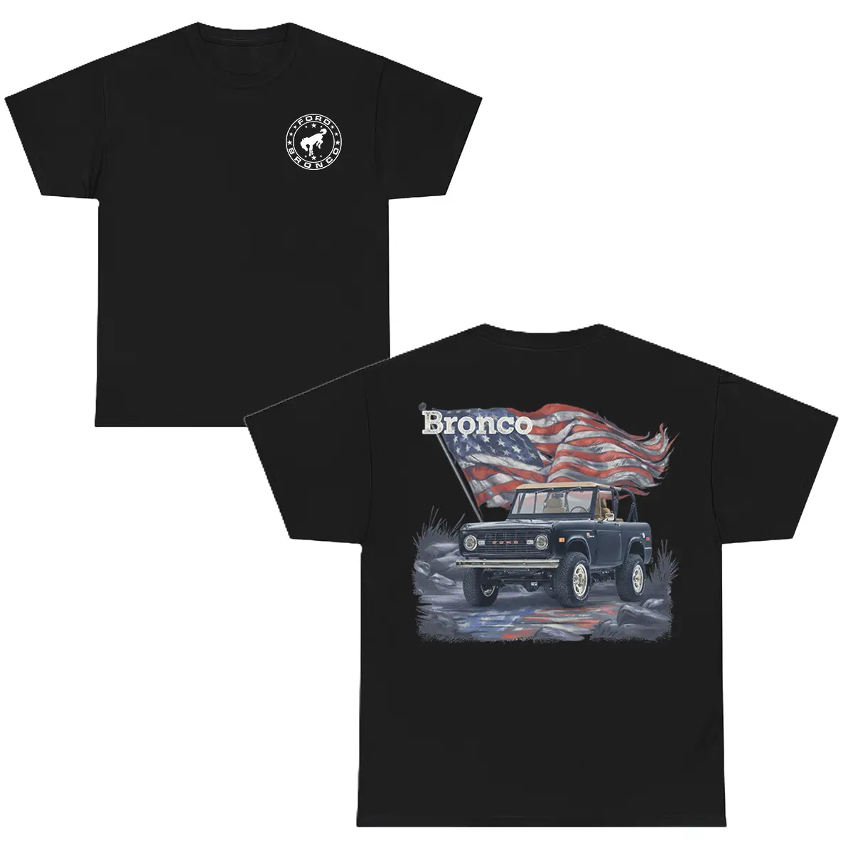 Ford Bronco American Flag T-Shirt, Classic Bronco Graphic Tee, Patriotic USA Flag Off-Road Truck Shirt, Vintage Car Enthusiast Gift for Men, Comfy Summer Casual Wear