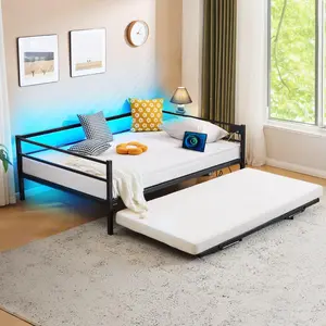 summervibes Karlhome  Twin/Full Daybed with Trundle Bed, Charging Station & LED Lights,Heavy Duty Metal Daybed with Pop up Trundle, No Box Spring Needed,Black