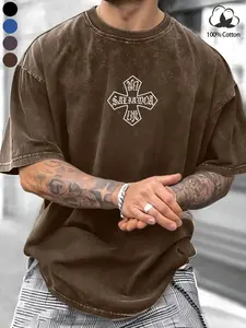 1 Men's Oversized Acid Wash T-Shirt, Heavyweight 100% Cotton, Vintage Distressed Print, Streetwear Essential Menswear for Gym, Workouts, and Daily Casual Wear