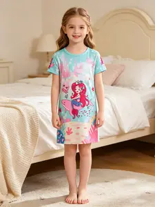 Girls' Sweet Style Nightgown, Mermaid Print, Casual Fashion, Perfect for Daily Wear and Relaxing Nights, Cute Pyjama Set