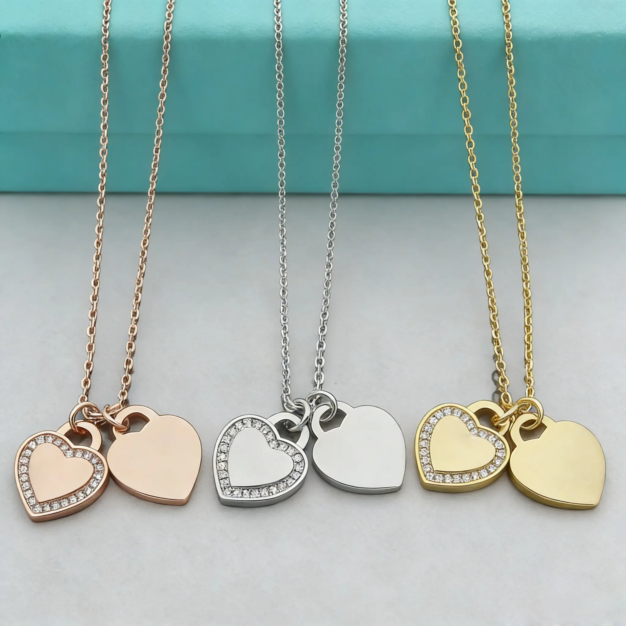 T Home Fashion Love Jewelry Small Fragrance Pendant Double Peach Heart Edge with Diamond Necklace for Women 2 Love with Diamond Necklace