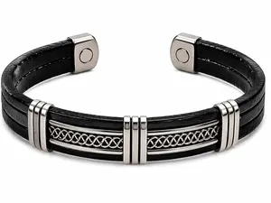 Elegant Twisted Copper Cuff Bracelet – Adjustable Open Bangle for Men & Women | Copper bracelet covered with artificial leather with silver detailing