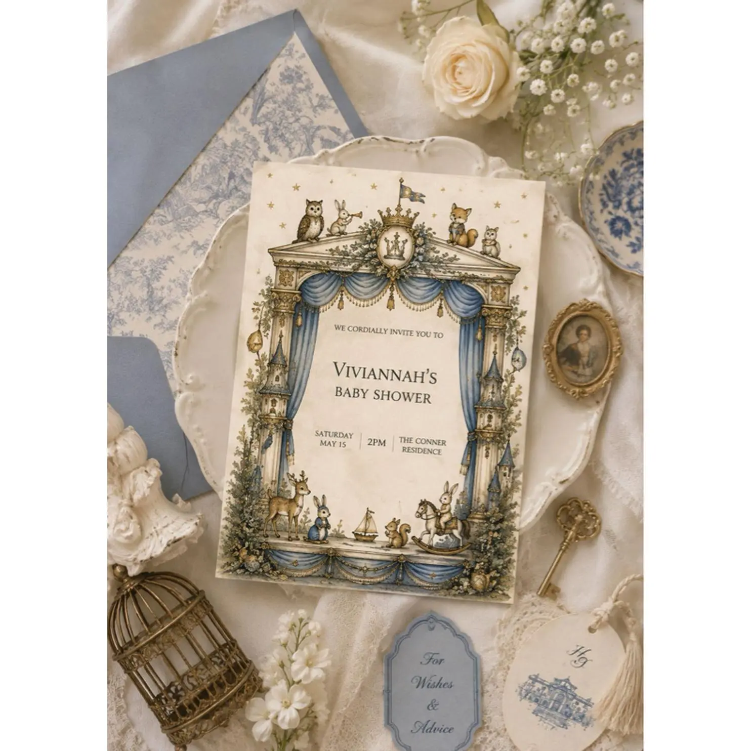 Vivianah's Baby Shower Invitation Card with Elegant Blue and White Design and Decorative Elements