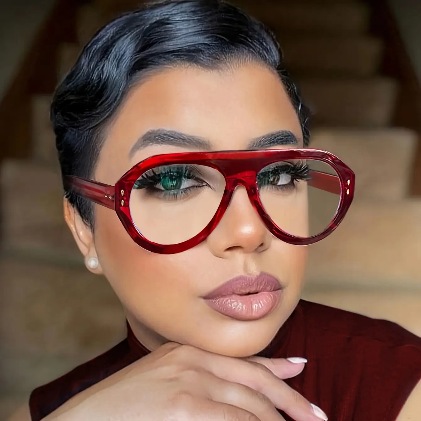 Women's Durable Flexible Full Rim Red Plastic PC Eyeglass Frames - Aviator Street Fashion Accessories, Oval Face Fit, Customizable Retro Funky, Tees & Denim Pairing, Autumn-Winter Back-To-School Gift, Gold Dot Accents