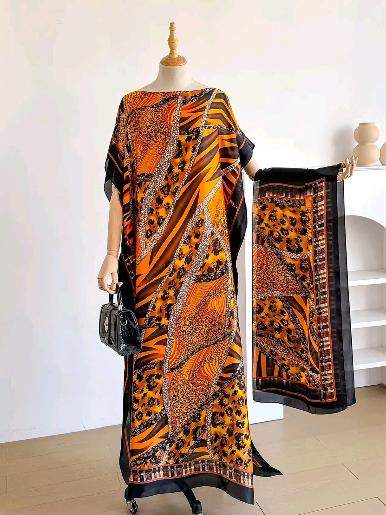 Plus Size Leopard Print Abaya Set, African Ethnic Print Kaftan Dress with Matching Hijab, Breathable Summer Dashiki Boubou for Women, Plus Size Fit, Maxi, Muslim Kaftan Dress