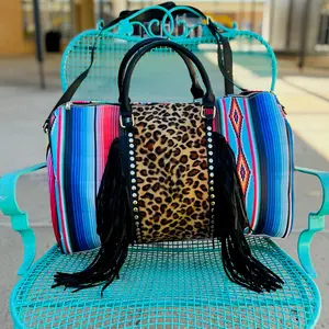 Large Serape/Aztec Fringed Duffle Bag with Leopard Detail