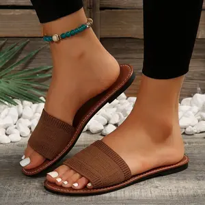 Women's Summer New Style Open Toe Sandals Beige Rubber Flat Sole Ribbed Strap Casual Walking Shoes for Women Girl Footwear