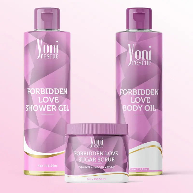 Forbidden Love Body & Bath Care Set- Shower Gel(4oz),  Body Essential Oil(4oz) 100% All Natural with Sugar Scrubs(8oz) by Yoni Rescue Scent Apple