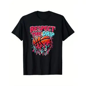 Respect The Drip Graphic T-Shirt for Boys - Stylish Short Sleeve Crew Neck Tee with Colorful Basketball Design, Vibrant Street-Art Style Perfect for Everyday Wear (3-13Y)